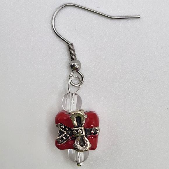 Handmade Red Present Earrings with Crystal – 1.5" Dangle - Picture 5 of 9